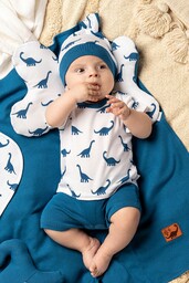 Biały letni rampers niemowlęcy z bawełny- niebieskie dinozaury
