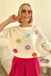 Sweter z kwiatkami - ecru One size