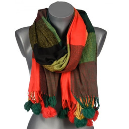 Szalik damski w kratę z POMPONAMI na prezent