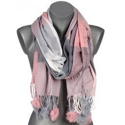 Szalik damski w kratę z POMPONAMI na prezent