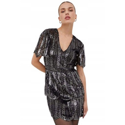 TWINSET CZARNA SUKIENKA MIDI Z CEKINAMI I FALBANAMI