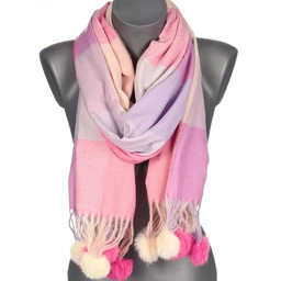 Szalik damski w kratę z POMPONAMI na prezent