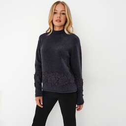 Mohito - Ciemnoszary sweter z koronką - Szary