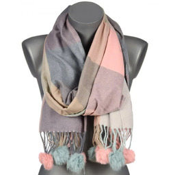 Szalik damski w kratę z POMPONAMI na prezent