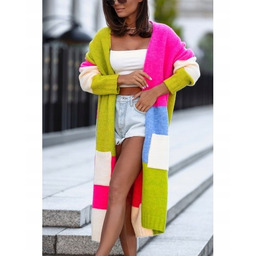 Długi Kardigan Sweter Royal Color Block Wełna Maxi