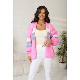 Kardigan Damski Oversize Wełna Akryl Różowy Modny Sweter