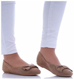 Zamszowe baleriny damskie z kokardą khaki