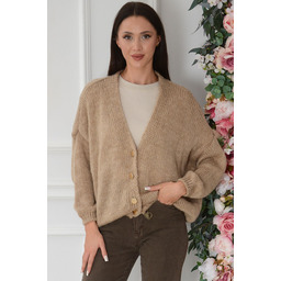 Sweter oversize na guziki dekolt V jasny kamel