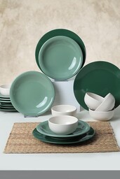 Elegancki 18-częściowy zestaw obiadowy ceramiczny, zielony i biały,