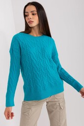 Turkusowy sweter damski z warkoczowym splotem i ściągaczami