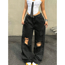 SHEIN CZARNE JEANSY MOM JEANS Z PRZETARCIAMI