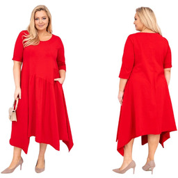 Czerwona sukienka damska bawełniana Plus Size asymetryczna