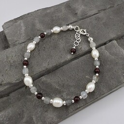 Pakamera Bransoletka srebrna z perłami, labradorytem, granatem