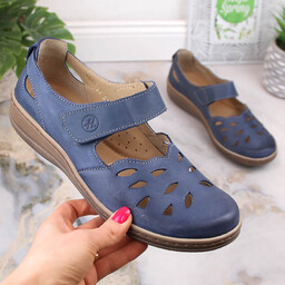 Skórzane komfortowe półbuty damskie ażurowe na rzep niebieskie