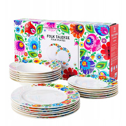 Talerze Zestaw Obiadowy 18 Sztuk Folk Łowickie Białe