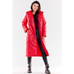 Długi Pikowany Płaszcz z Kapturem - Czerwony