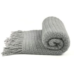 Koc dzianinowy z frędzlami szary