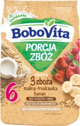 BoboVita Porcja Zbóż Kaszka 3 zboża, malina, truskawka,