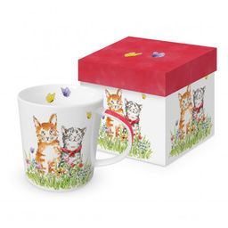 DUŻY KUBEK PORCELANOWY Uśmiechnięte Koty na łące
