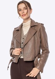 Damska kurtka biker ze skóry ciemny beż