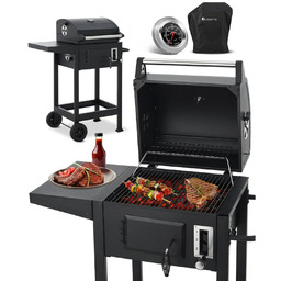 GRILL WĘGLOWY BBQ Z TERMOMETREM RUSZTEM POKRYWĄ