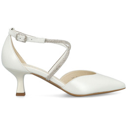 Szpilki ślubne z błyszczącymi paseczkami na niskim obcasie-