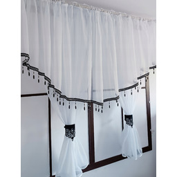 Firana klasyczna woal biały czarne opaski +falbanka