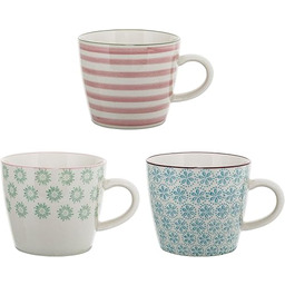 Bloomingville Filiżanki Patrizia, niebiesko-zielone róże, ceramika, zestaw 3