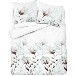 Pościel bawełniana biała w kwiaty i liście miętowo-brązowe