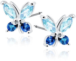 Delikatne rodowane srebrne kolczyki motyle motylki błękitne szafirowe