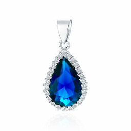 Rodowany srebrny wisior wisiorek łezka kropla cyrkonia szafirowa
