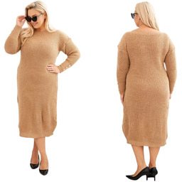 Camelowa sukienka swetrowa damska Plus Size z moherem