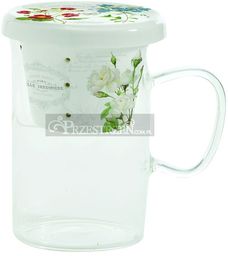 SZKLANY KUBEK Z PORCELANOWYM ZAPARZACZEM I POKRYWKĄ Natural