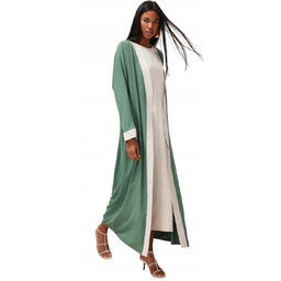 TRENDYOL DŁUGI SWETER KARDIGAN Z KONTRASTOWĄ LAMÓWKĄ ZIELONY