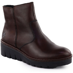 Skórzane botki damskie na koturnie brązowe Rieker X9165-27