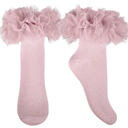 Dziewczęce skarpetki z tiulową falbanką pudrowe Milusie r.22