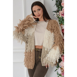 Sweter kardigan z frędzlami w paski kamel- beż