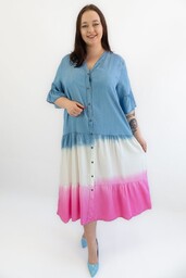 Zapinana Jeansowa Sukienka Ombre - Jeans-Biel-Róż UNI