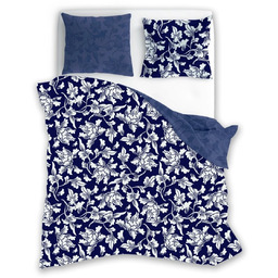 Pościel dwustronna z bawełny satynowej granatowa w liście
