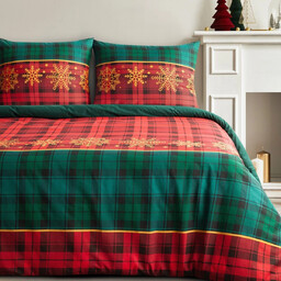 Pościel bożonarodzeniowa bawełniana zielono-czerwona w kratę i śnieżynki
