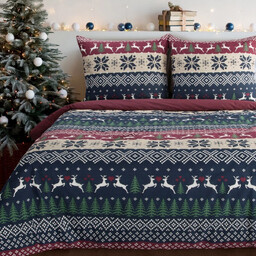 Pościel bożonarodzeniowa bawełniana granatowo-bordowa w choinki i renifery