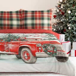Pościel bożonarodzeniowa bawełniana biało-czerwona świąteczne auto PTT-020