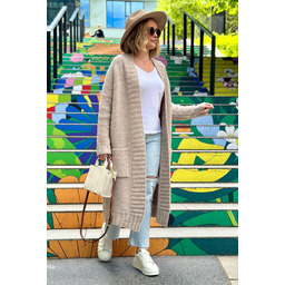 Długi kardigan z kieszeniami - beżowy One size