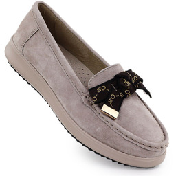 Skórzane mokasyny zamszowe z kokardą beżowe Filippo DP6457