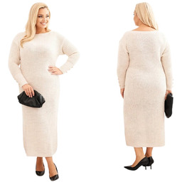 Beżowa sukienka swetrowa damska Plus Size z moherem