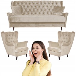 Duży zestaw wypoczynkowy wersalka 2 fotele uszaki BEŻOWY