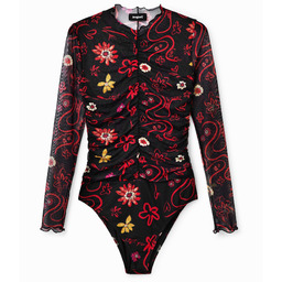 Body z tiulu w kwiaty z marszczeniem