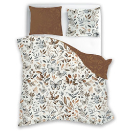 Pościel bawełniana biało-brązowa w liście i motyle PER-186