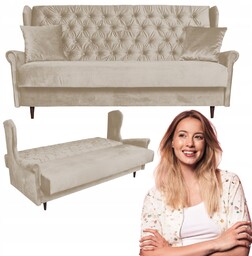 Kanapa beżowa sofa 3osobowa ROZKŁADANA uszak welurowy GAJA