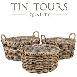 KOMPLET 3 OKRĄGŁYCH KOSZY Z RATTANU Z FOLIĄ